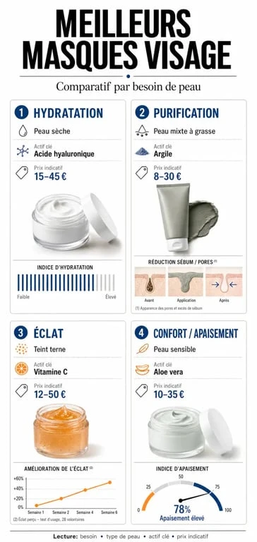 Comparatif des meilleurs masques visage selon le type de peau, les actifs et le prix