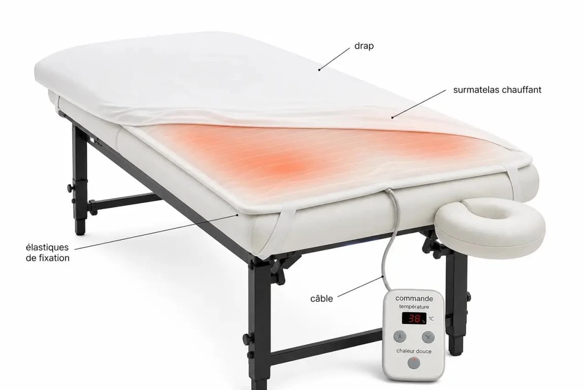 Surmatelas chauffant table de massage installé avec fixation et commande de température