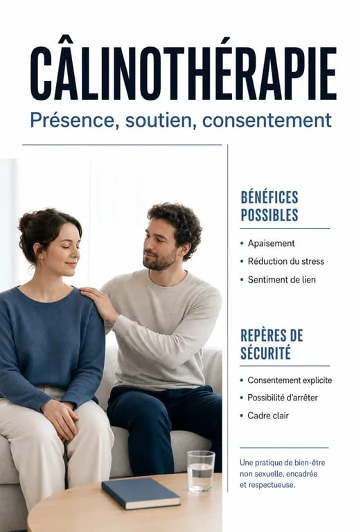 Infographie sur la câlinothérapie : consentement, cadre bienveillant et bénéfices émotionnels