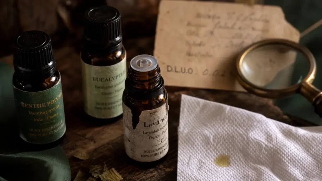 Huile essentielle périmée dangereux : flacon oxydé irritant, DLUO dépassée sur papier absorbant