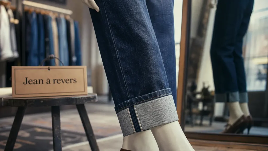 Jean a revers femme : wide leg denim au revers net, vue pied