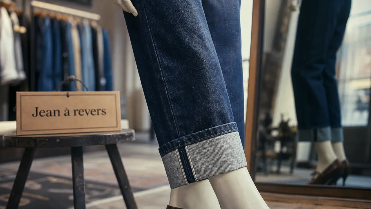 Jean a revers femme : wide leg denim au revers net, vue pied