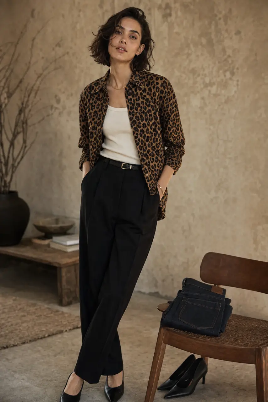 Look chemise leopard chic avec jean et noir