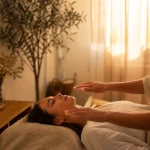 Soin lahochi : mains apaisantes au-dessus du torse, golden hour