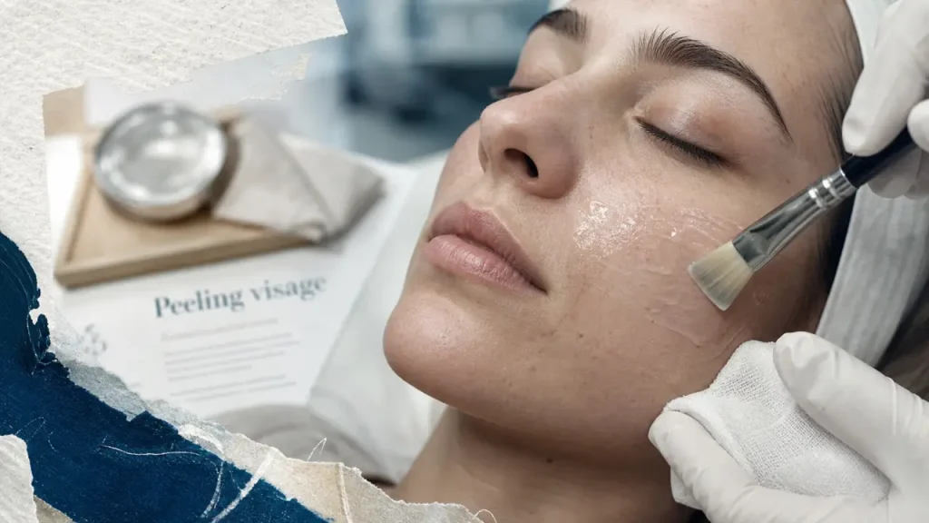 Soin peeling visage : compresse et gel sur joue, niveau doux ou fort