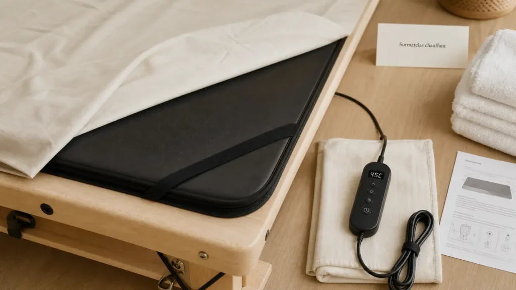 Surmatelas chauffant table de massage : confort thermique et fixation