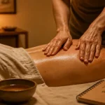 Technique de massage pour le dos : mains chaudes sur le haut du dos, huile ambrée