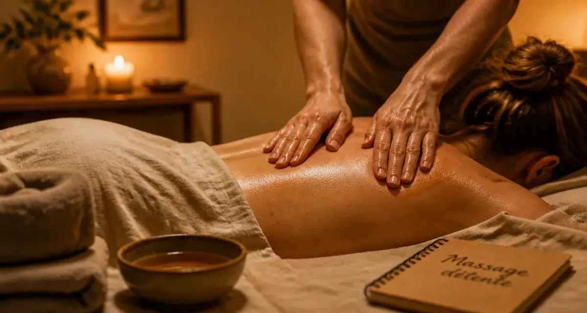 Technique de massage pour le dos : mains chaudes sur le haut du dos, huile ambrée