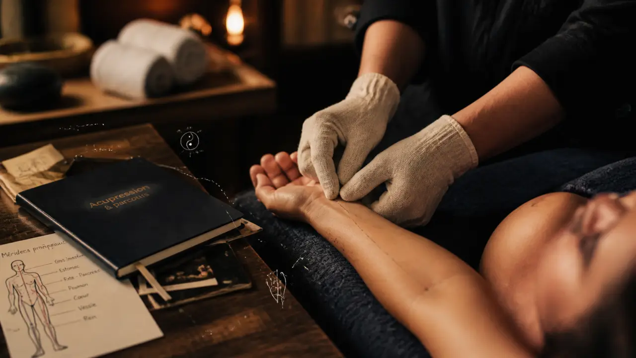 Acupression formation : praticien montrant un point sur l’avant-bras