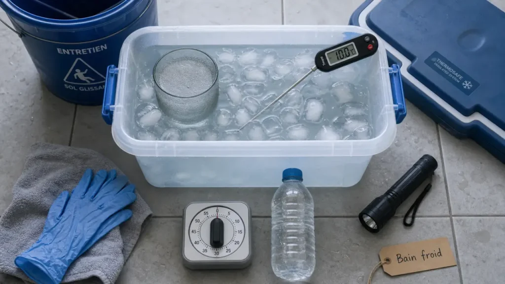 bain froid 10°C : gobelet, thermomètre, serviette et minuterie
