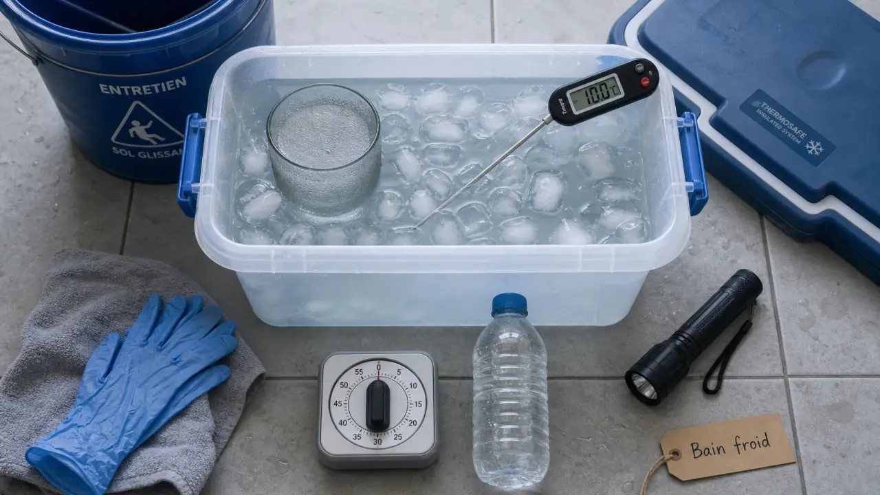 bain froid 10°C : gobelet, thermomètre, serviette et minuterie