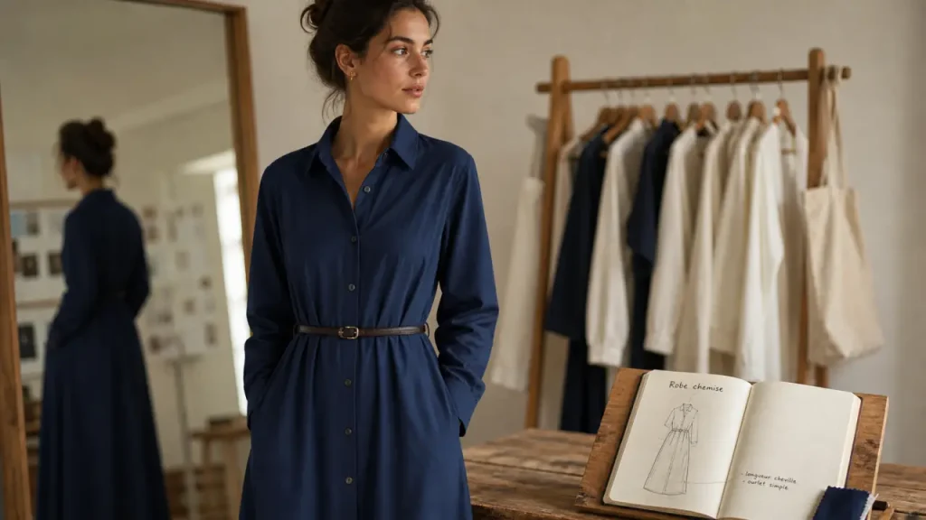 Chemisier robe longue : robe chemise longue en popeline coton