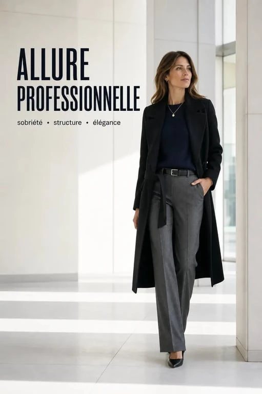 Tenue d'hiver femme chic de bureau avec pantalon tailleur, maille fine et manteau ceinturé