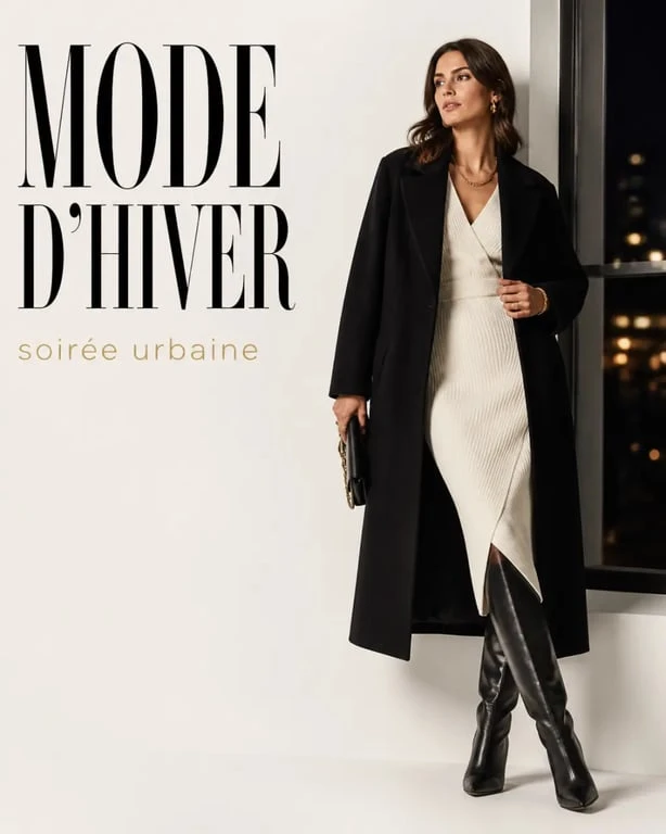 Tenue d'hiver femme chic pour une sortie avec robe midi en maille, bottes hautes et manteau long