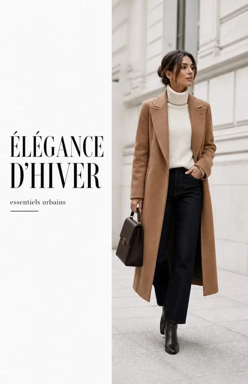 Tenue d'hiver femme chic quotidienne avec jean brut, pull col roulé et manteau long camel