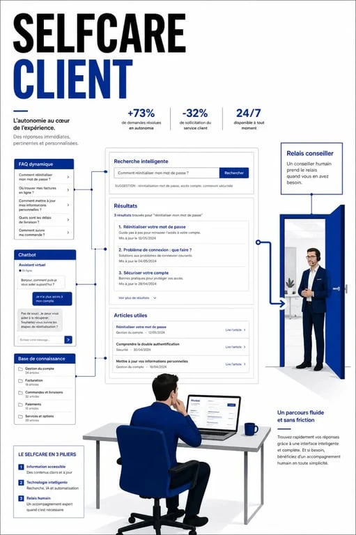 Schéma éditorial du selfcare avec FAQ, chatbot, moteur de recherche et base de connaissance