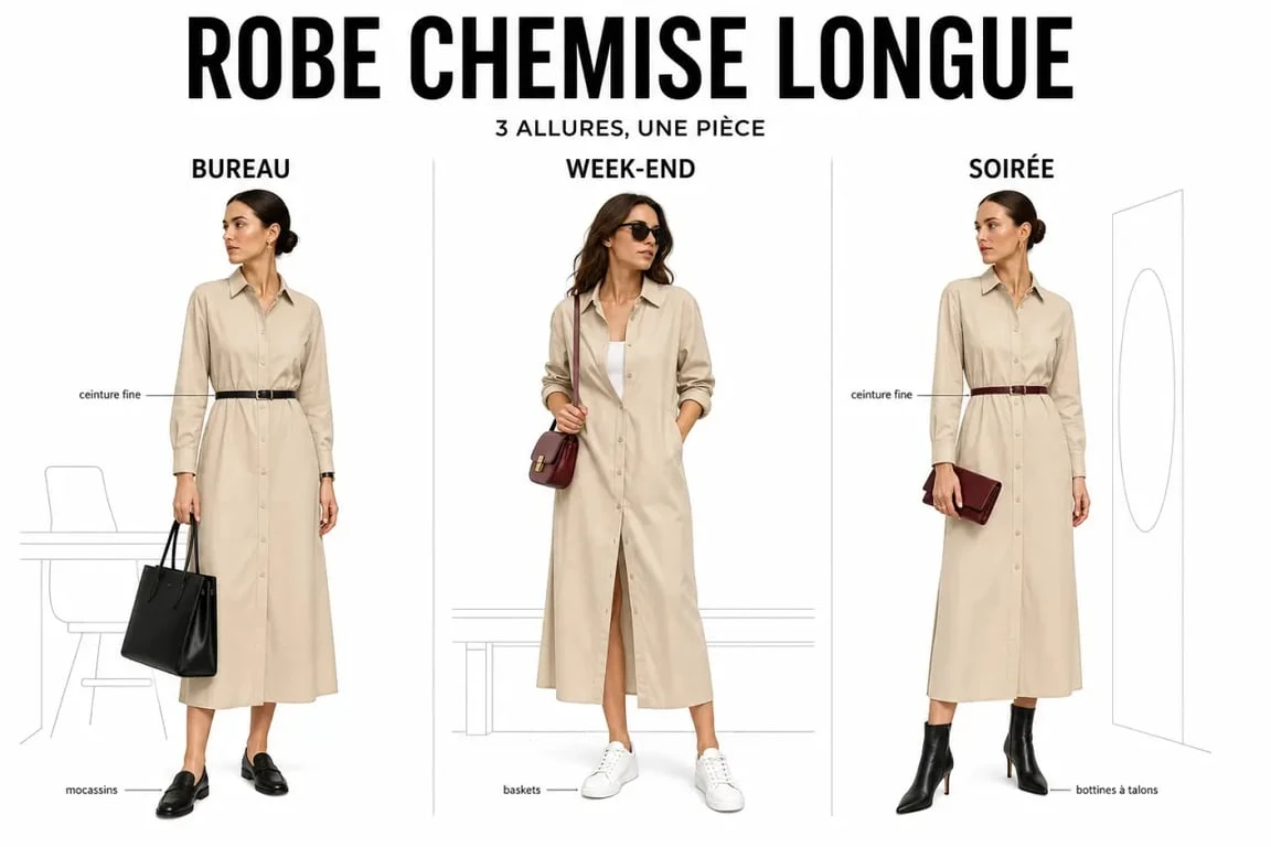 Robe chemise longue : trois idées de looks pour le bureau, le week-end et la soirée