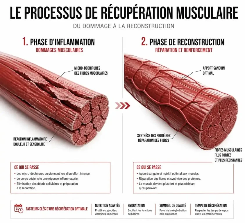 Infographie sur la récupération musculaire et la gestion des courbatures après le sport