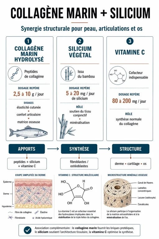 Infographie sur le collagène marin et silicium, avec rôles, dosages et cofacteurs pour la peau, les articulations et les os