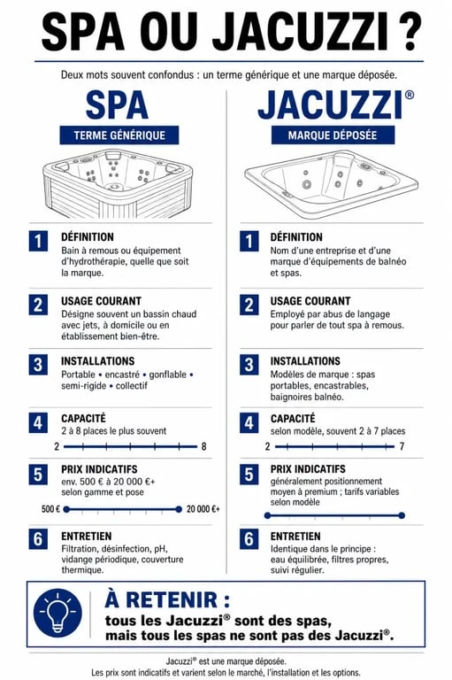 Spa ou jacuzzi différence : schéma comparatif des termes, usages et prix