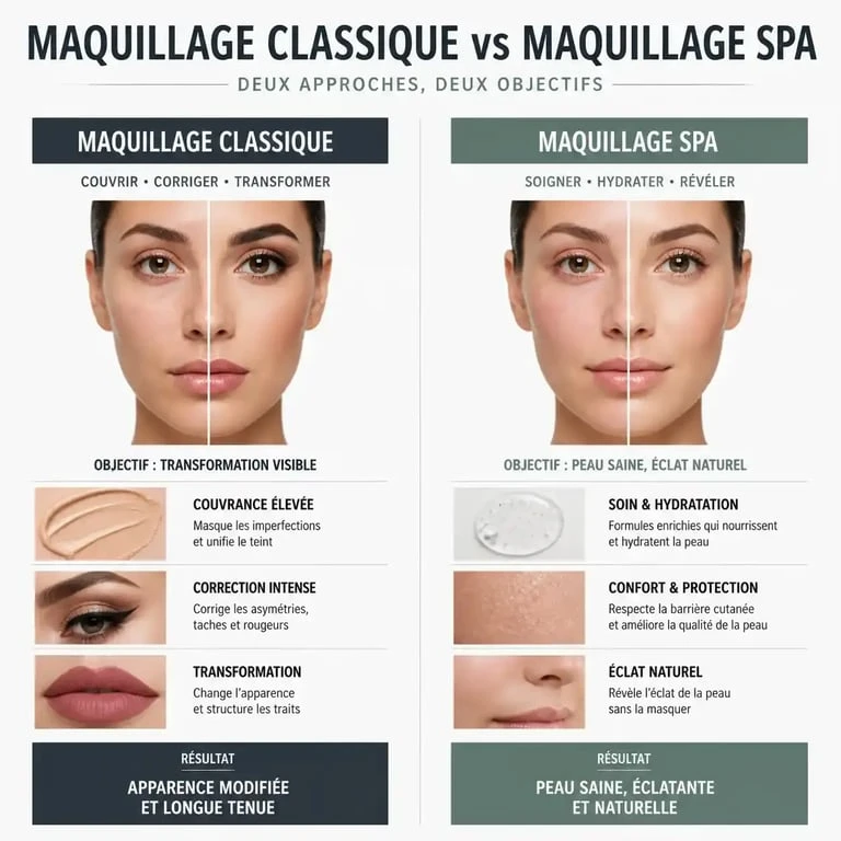 Infographie comparative entre le maquillage classique et le maquillage spa pour une mise en beauté naturelle et soignée.