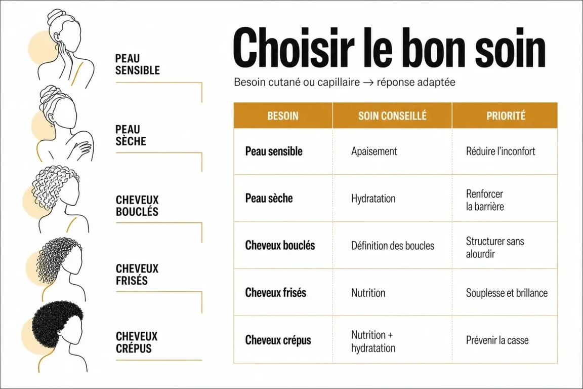 Cosmétique africain : infographie éditoriale pour choisir selon la peau et les cheveux