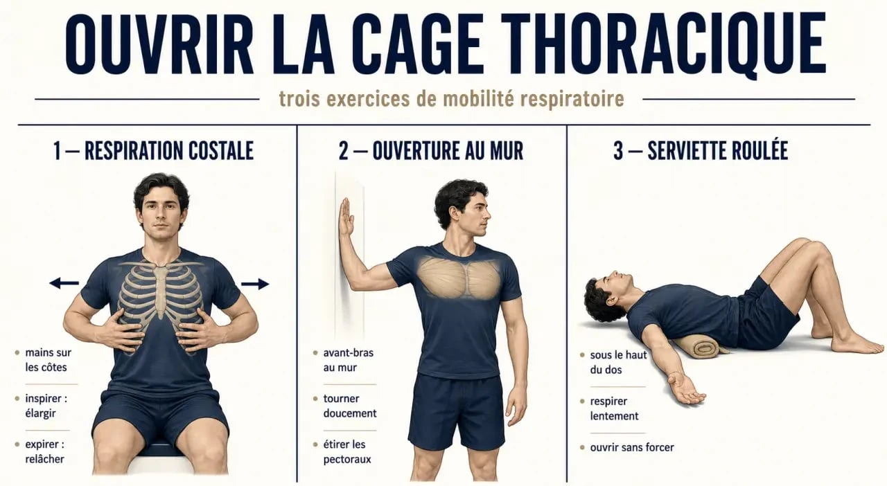 Exercice ouverture cage thoracique en trois étapes pour mieux respirer et mobiliser le thorax