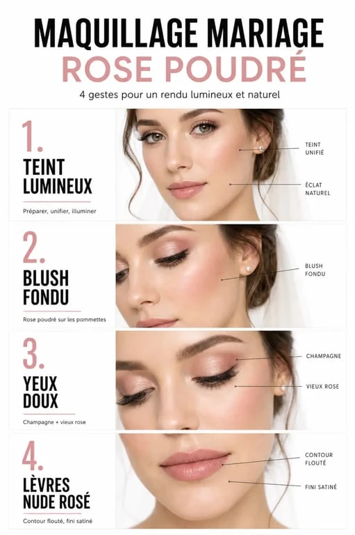 Maquillage mariage rose poudré en étapes avec teint lumineux, blush doux et lèvres nude rosé