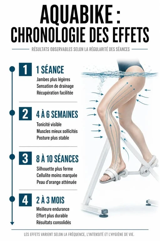 Aquabike effet au bout de combien de temps : chronologie des résultats après 1 séance, 4 à 6 semaines, 8 à 10 séances et 2 à 3 mois