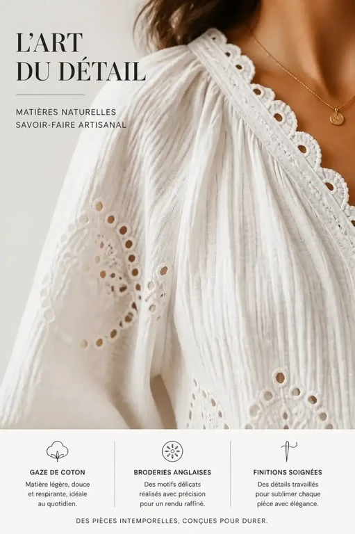 Haut bohème femme en gaze de coton avec broderies anglaises