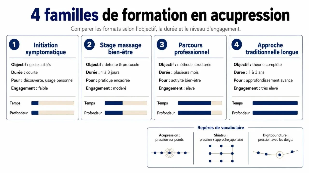 Acupression formation : visuel comparatif des 4 familles de formation et des différences avec le Shiatsu et la digitopuncture