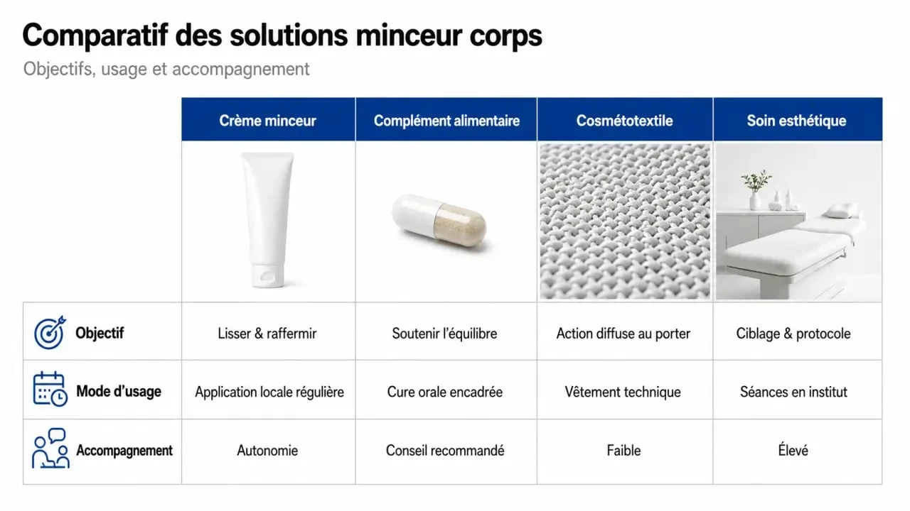 Comparatif slimming body des formats crème, complément, cosmétotextile et soin esthétique