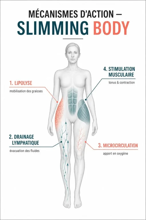 Schéma des mécanismes slimming body avec lipolyse, drainage et microcirculation