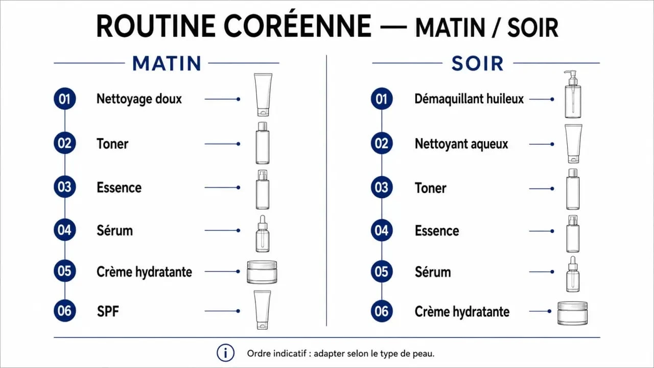 Routine coréenne expliquée en étapes numérotées, du double nettoyage au SPF