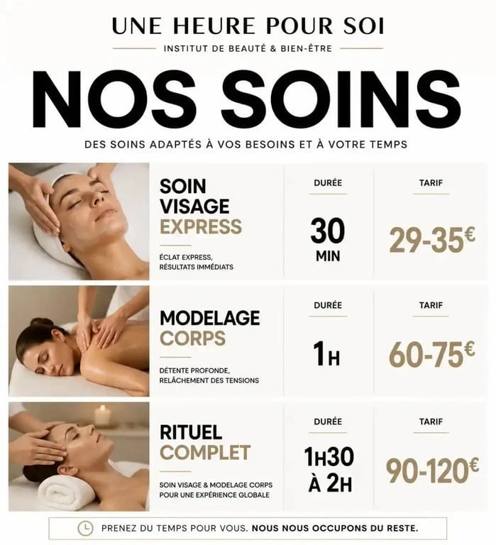 Infographie des tarifs et durées des soins en institut Une Heure Pour Soi
