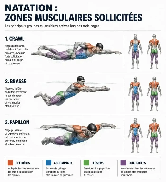 Infographie des zones musculaires sollicitées par la natation avant après femme