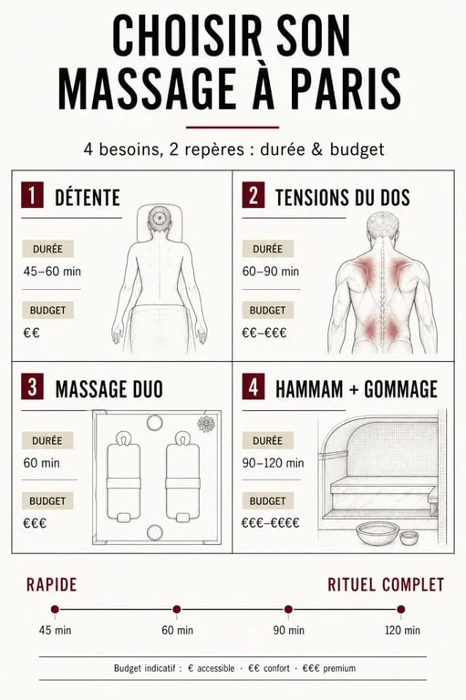 Massage soin du corps paris : visualisation éditoriale des choix selon le besoin, la durée et le budget