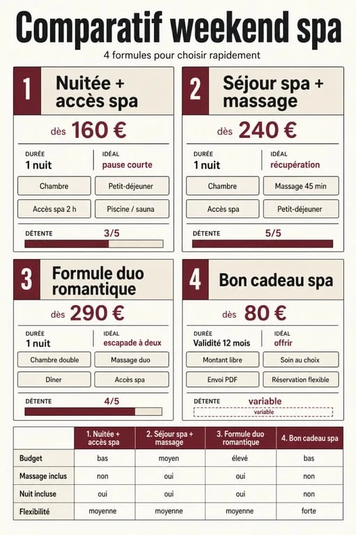 Comparatif des formules de weekend spa avec inclusions et points à vérifier