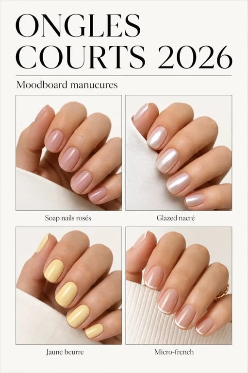 Ongles 2026 tendance avec quatre manucures inspirantes : soap nails rosés, glazed nails, butter yellow et micro-french