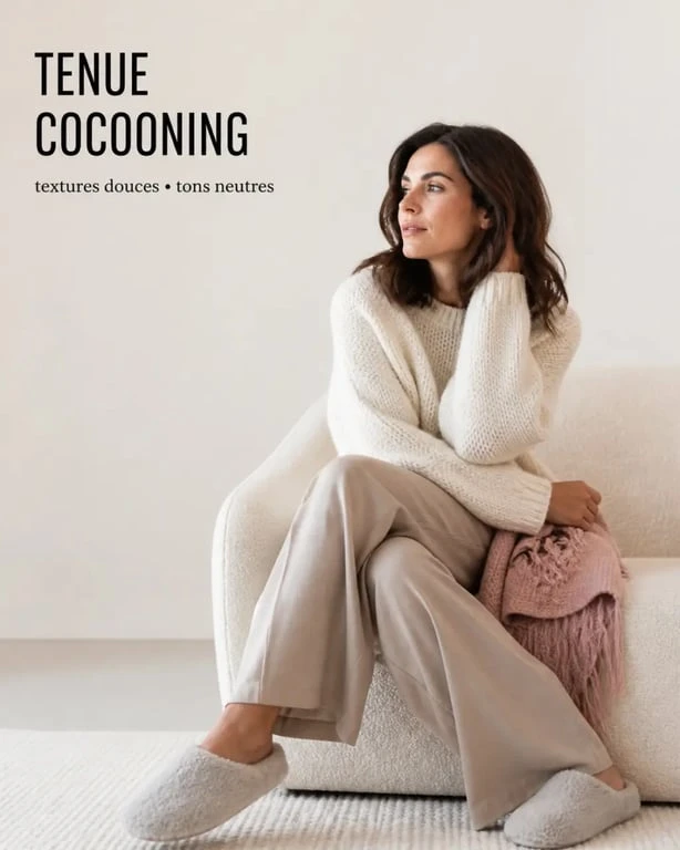 Tenue cocooning femme portée à la maison dans une ambiance douce et chaleureuse
