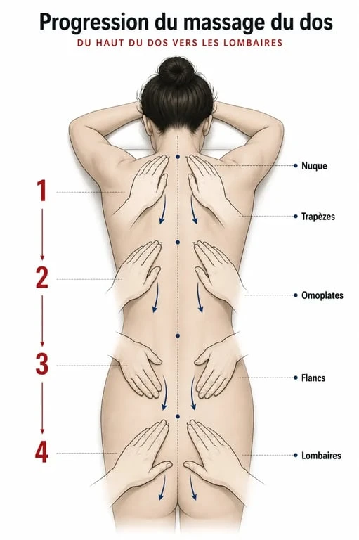 Techniques massage dos : schéma des gestes essentiels du haut du dos aux lombaires