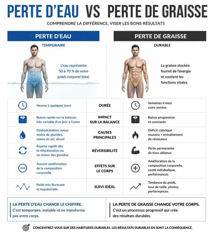 Infographie comparative : perte d'eau vs perte de graisse pour comprendre si la chaleur fait maigrir
