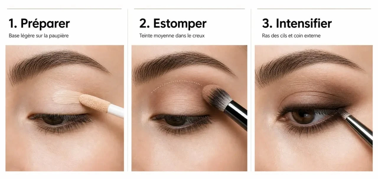 Démonstration maquillage yeux en trois étapes avec préparation, estompage et intensification du ras des cils