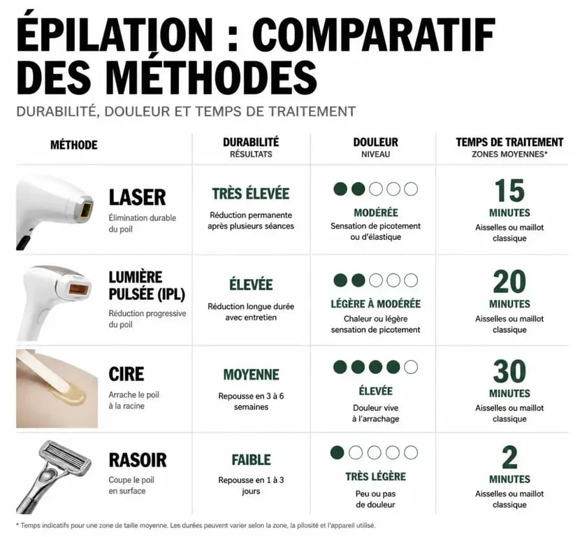 Comparatif des méthodes d'épilation : laser, lumière pulsée, cire et rasoir pour une innovation épilation durable.