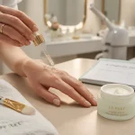 Guinot soin visage : esthéticienne applique un sérum sur la main