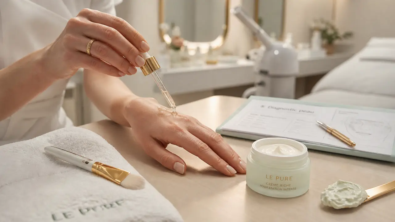 Guinot soin visage : esthéticienne applique un sérum sur la main