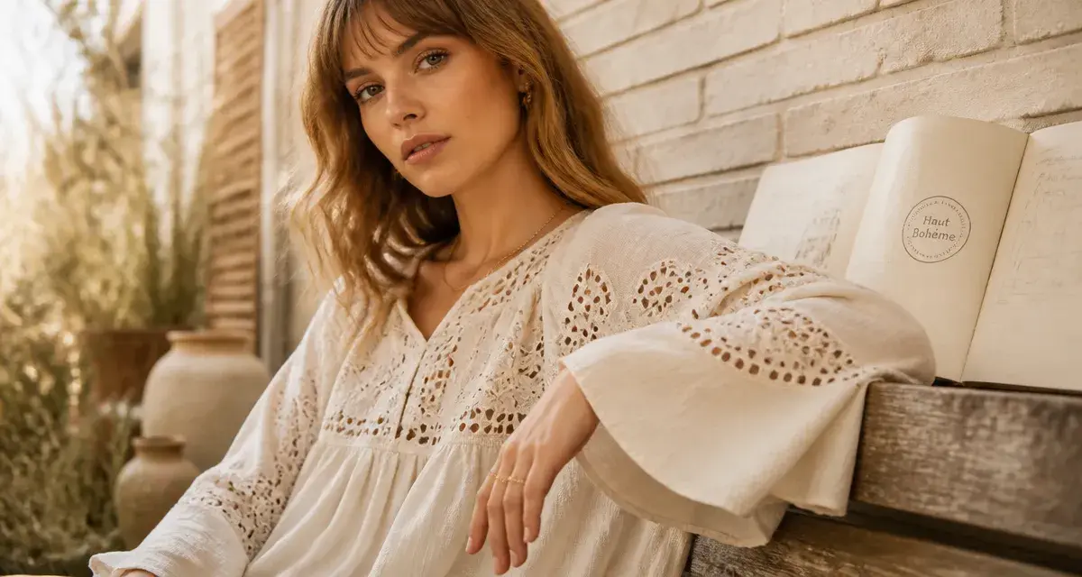 Haut boheme femme en gaze écrue brodée et manches évasées