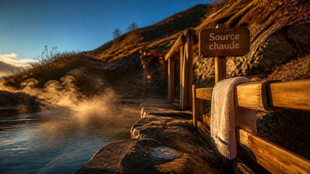 Hot natural springs near me : source chaude en montagne, eau thermale fumante
