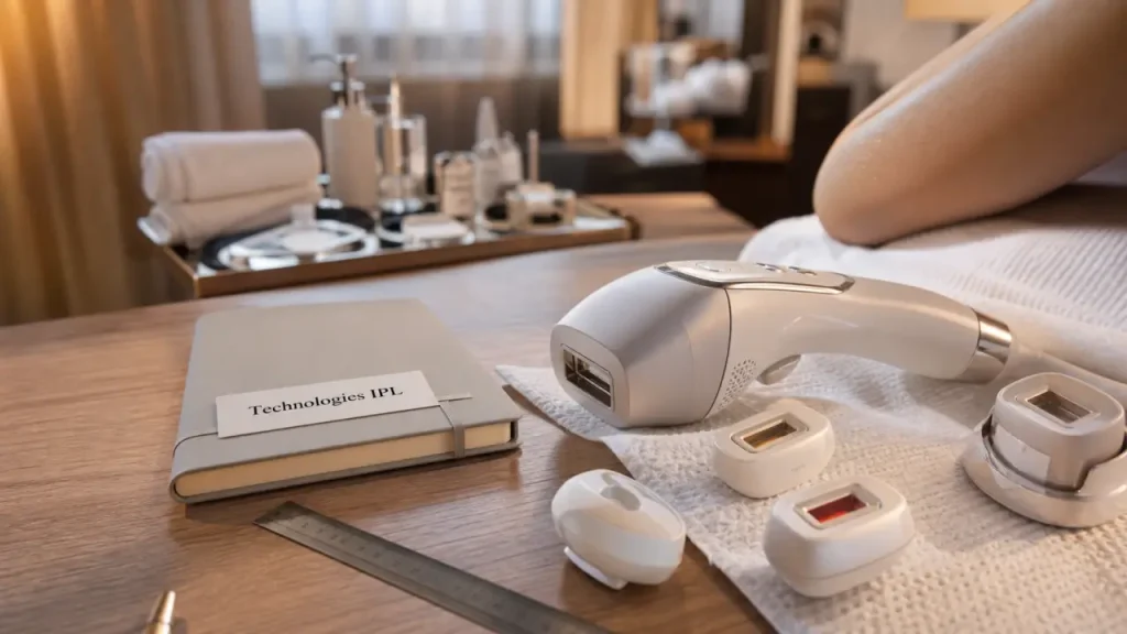 Innovation epilation : appareil laser IPL sur table, cabine moderne en arrière-plan
