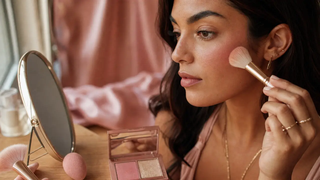 Maquillage mariage rose poudré : blush rosé fondu, teint glow, palette champagne